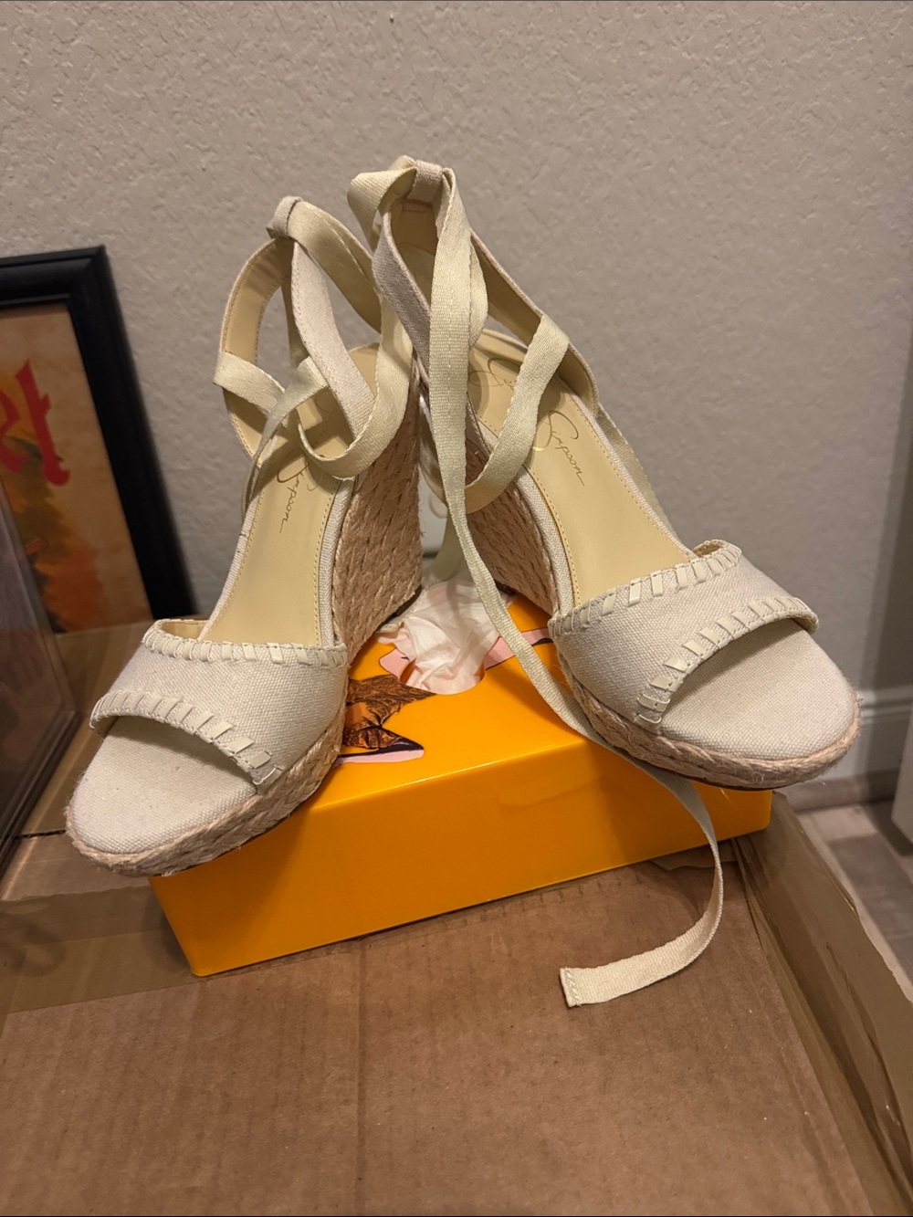 Jessica Simpson Women's Cream Espadrille Wedge Sandals with Ankle Wrap